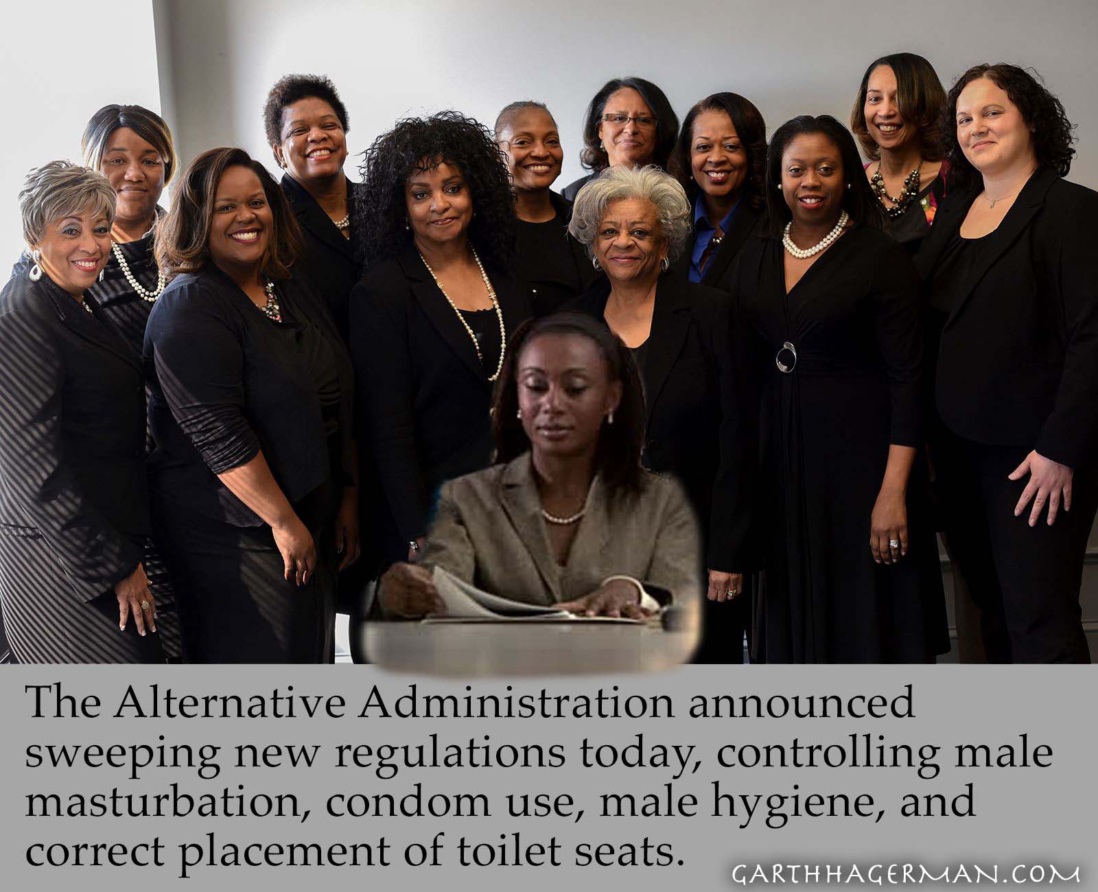 Group of women form alternative administration and regulate male maturbation, hygeine, and toilet seat placement